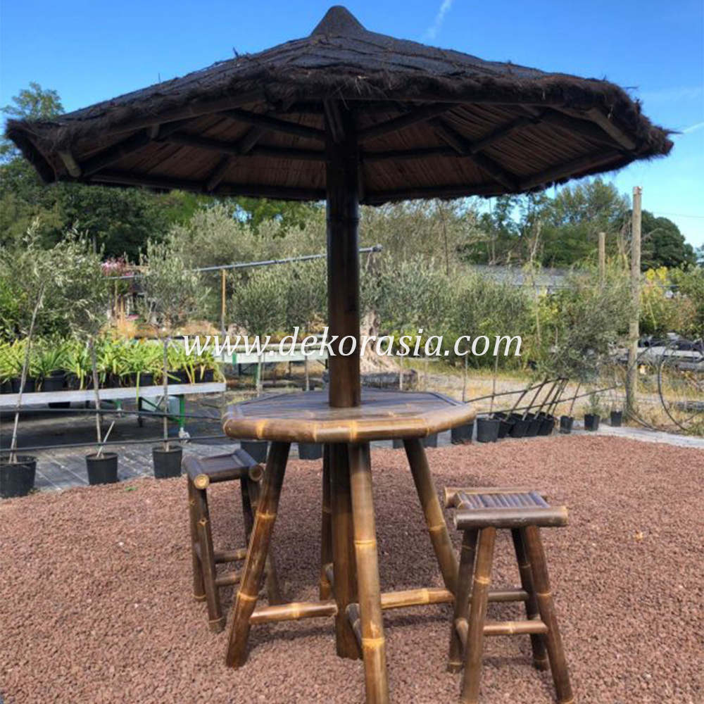 Bamboo Table with Umbrella for Home Garden, Bamboo Gazebo Tables, Bamboo Garden Decoration