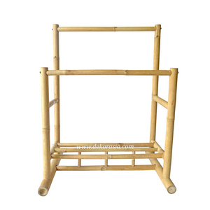 Bamboo Standing Cloth Hanger, Bamboo Hanging Duty Rack with Top Shelf and Shoe Clothing Storage Organizer Shelves