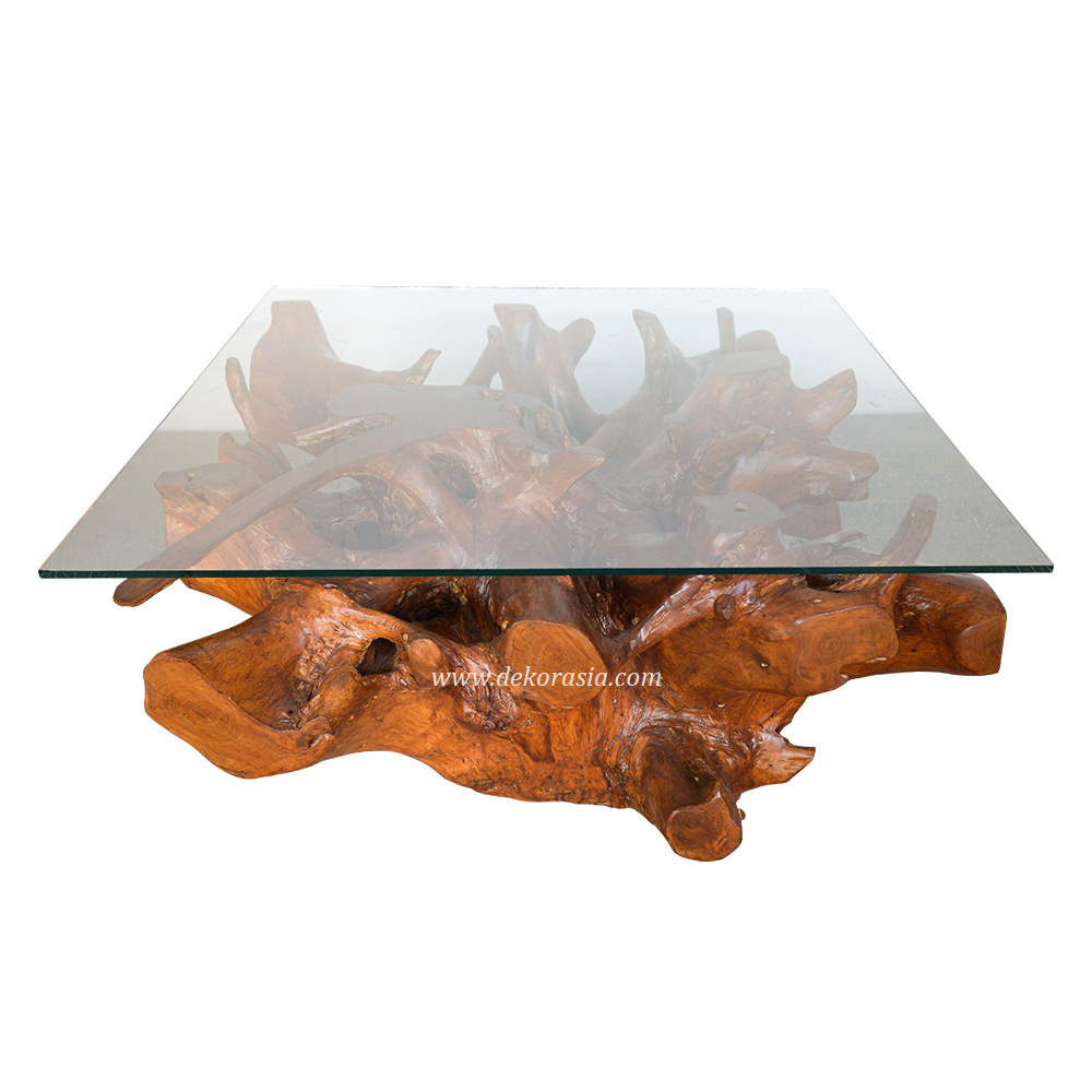 Teak Root Coffee Table with Glass, Teak Root Table Living Room Furniture, Wooden Coffee Tables