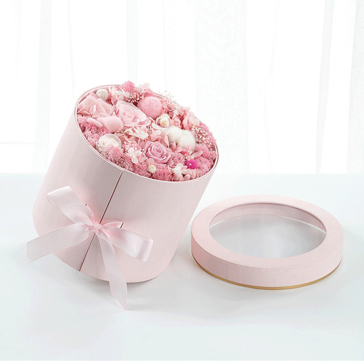 Custom Luxury Handmade Round Gold Stamping Double Layers Rotating Rose Gifts Packaging Flower Boxes With clear pvc window