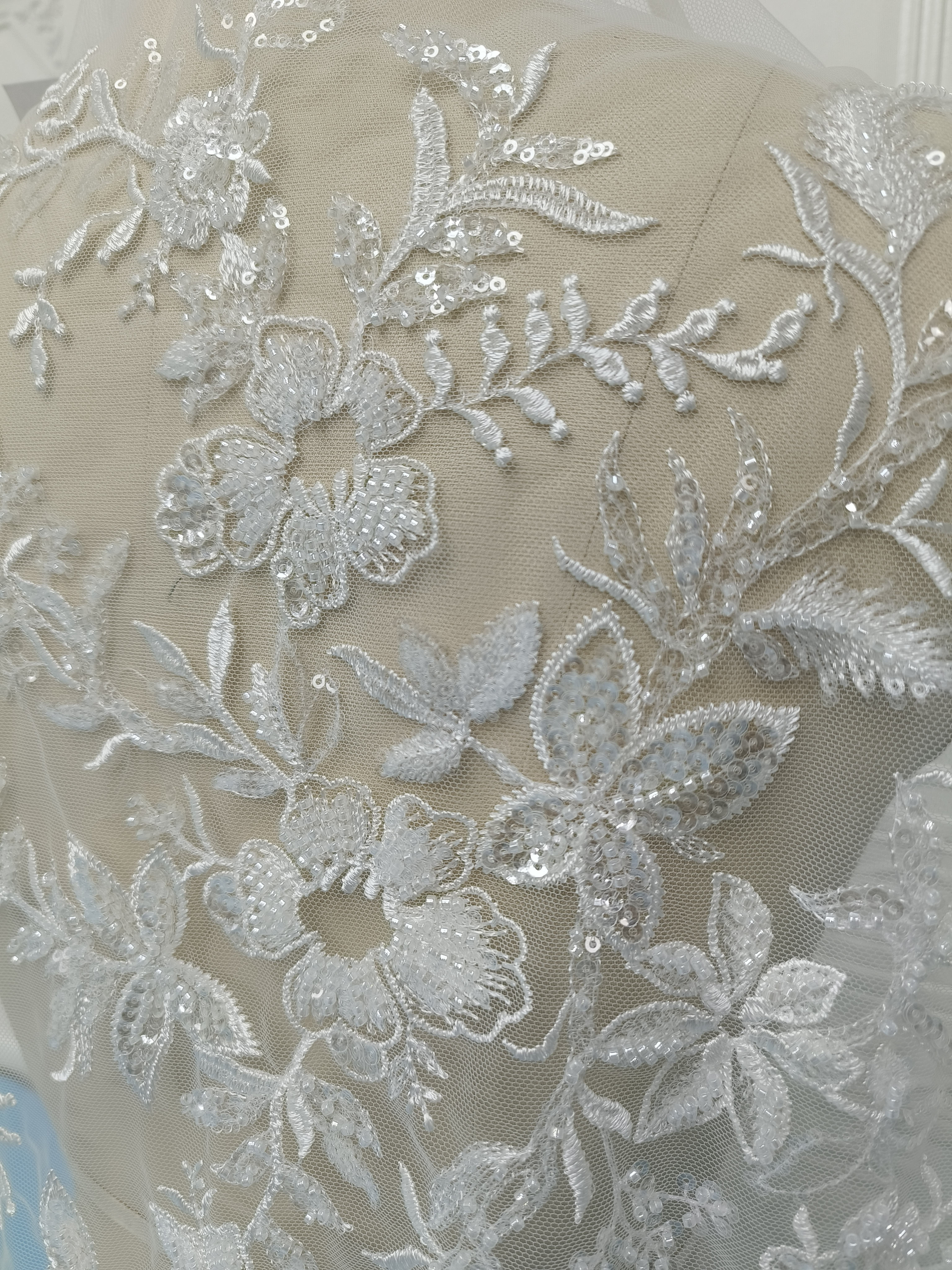 DELACE Embroidery Fabric beaded flower lace with sequins Simple elegant Bridal wedding lace for Wedding dress and Evening gown