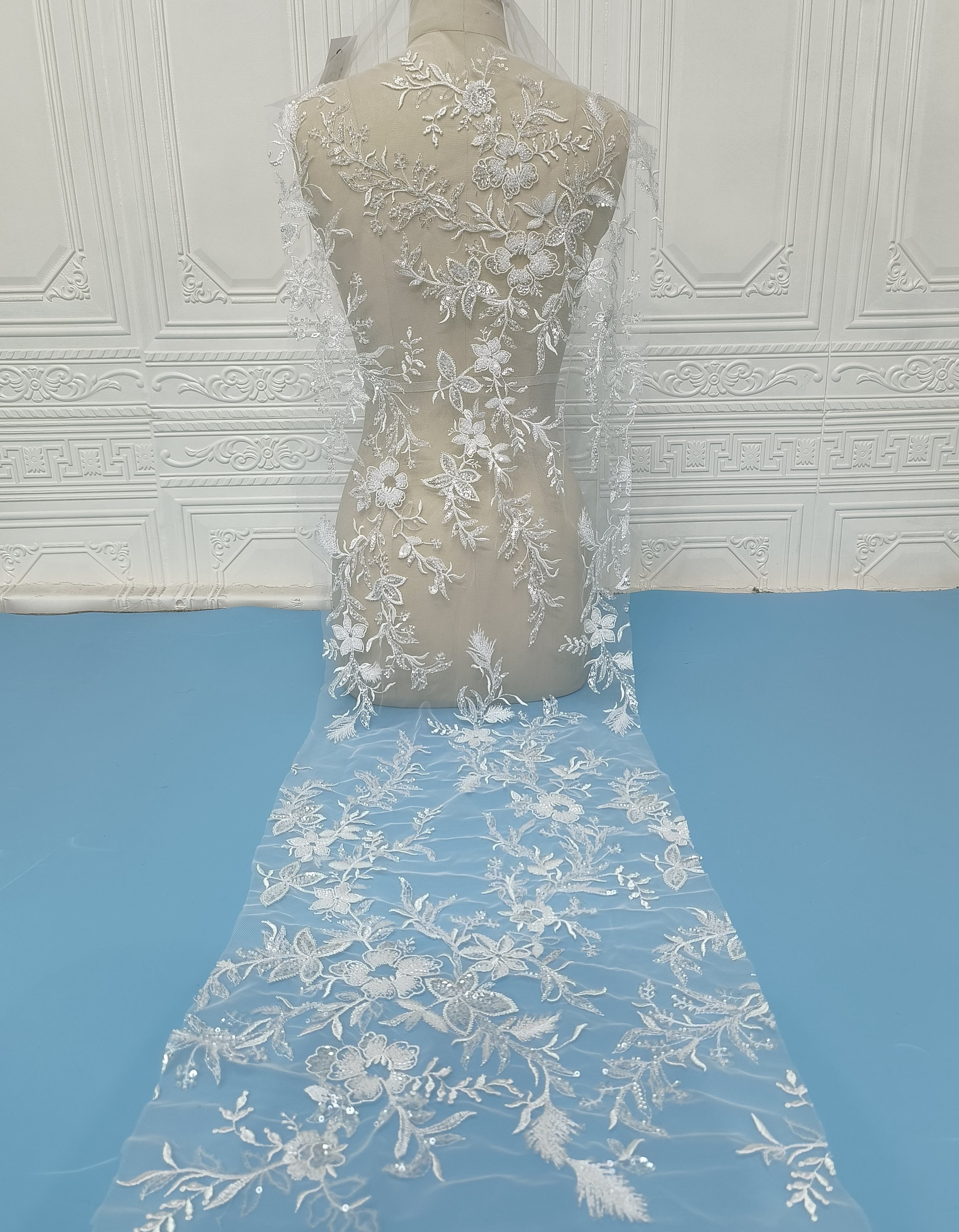 DELACE Embroidery Fabric beaded flower lace with sequins Simple elegant Bridal wedding lace for Wedding dress and Evening gown