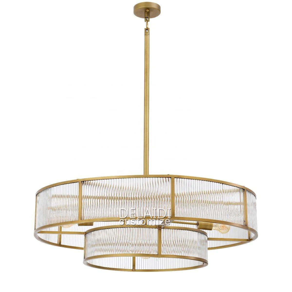 Vintage-style round chandeliers antique brass two-story clear glass rods large modern light fixtures in hotel villas