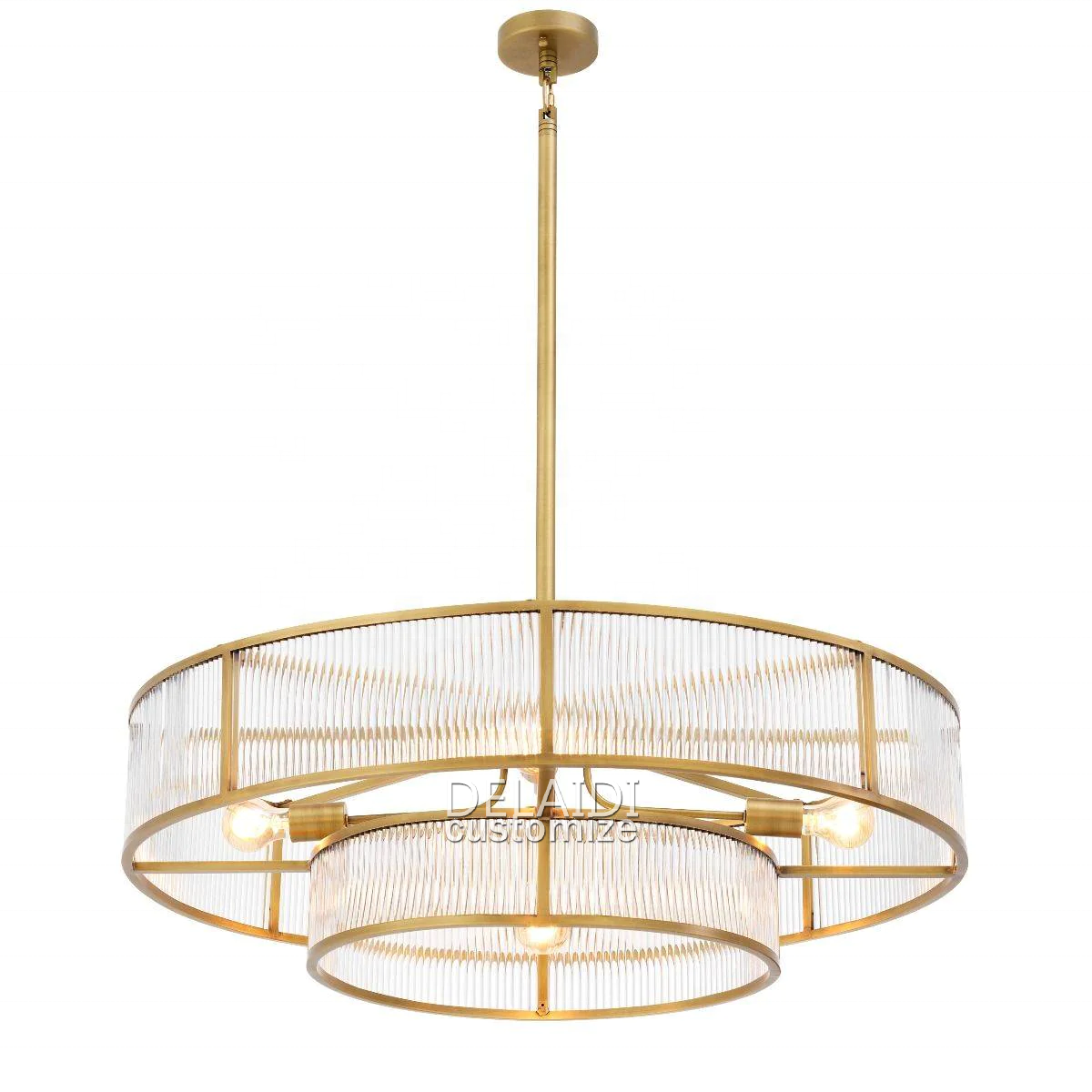 Vintage-style round chandeliers antique brass two-story clear glass rods large modern light fixtures in hotel villas