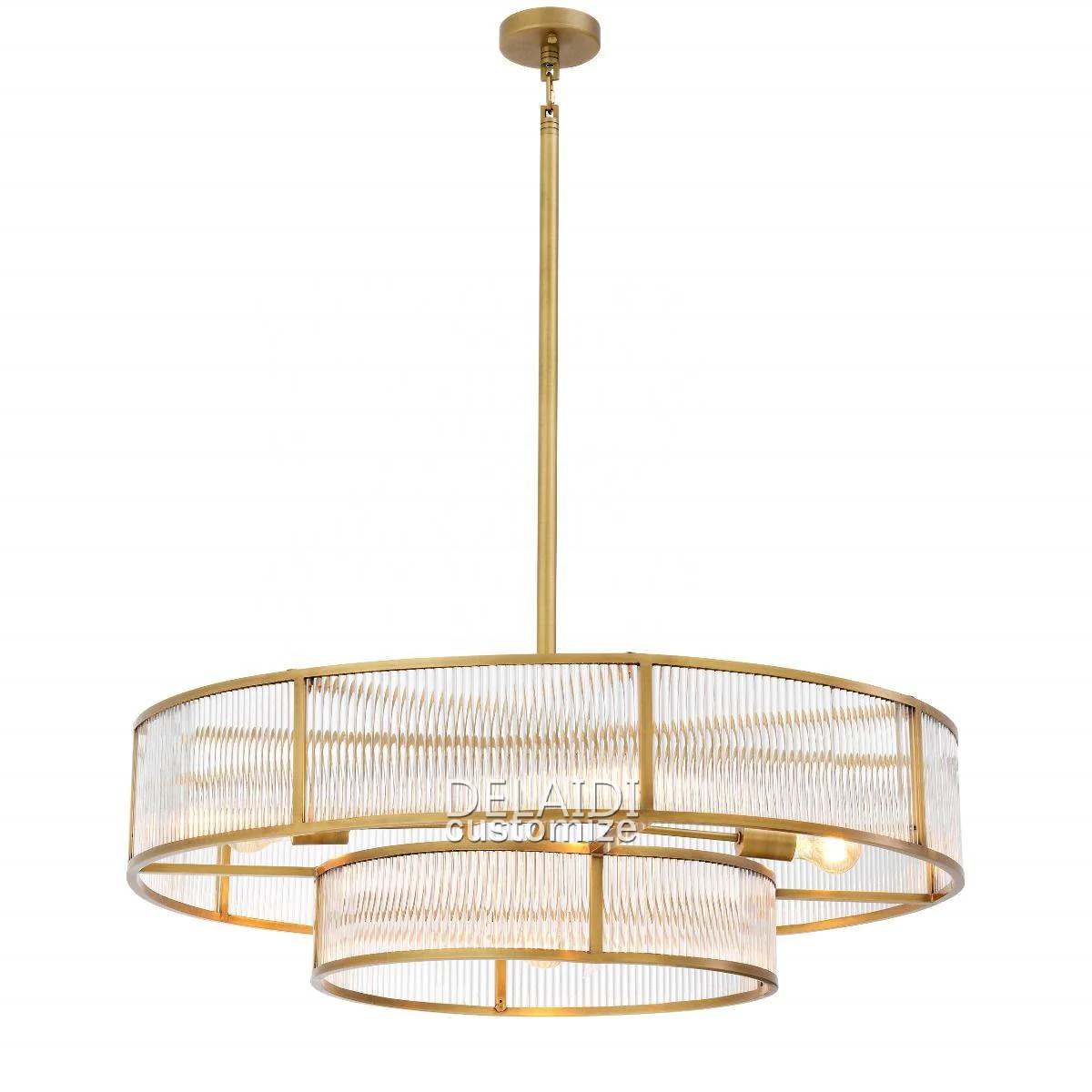 Vintage-style round chandeliers antique brass two-story clear glass rods large modern light fixtures in hotel villas