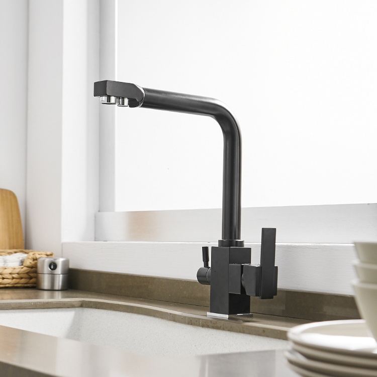 Kitchen Faucet Black 360 Rotate Filter Water Cold and Hot Water Mixer Brass Deck Mounted Dual Handle Modern Solid 3 in 1 Ceramic