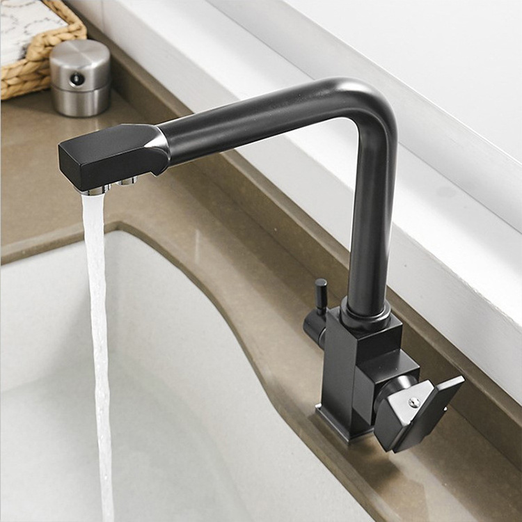 Kitchen Faucet Black 360 Rotate Filter Water Cold and Hot Water Mixer Brass Deck Mounted Dual Handle Modern Solid 3 in 1 Ceramic