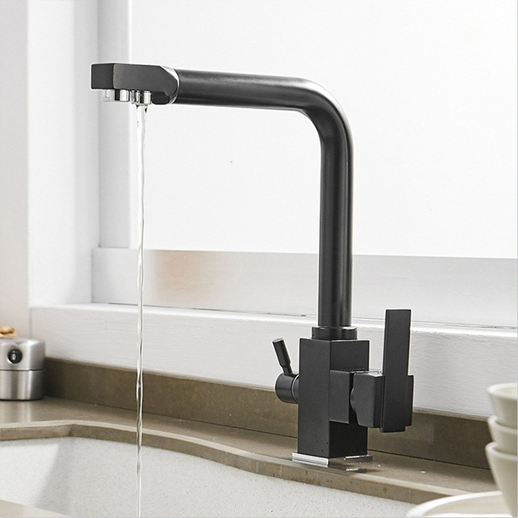 Kitchen Faucet Black 360 Rotate Filter Water Cold and Hot Water Mixer Brass Deck Mounted Dual Handle Modern Solid 3 in 1 Ceramic