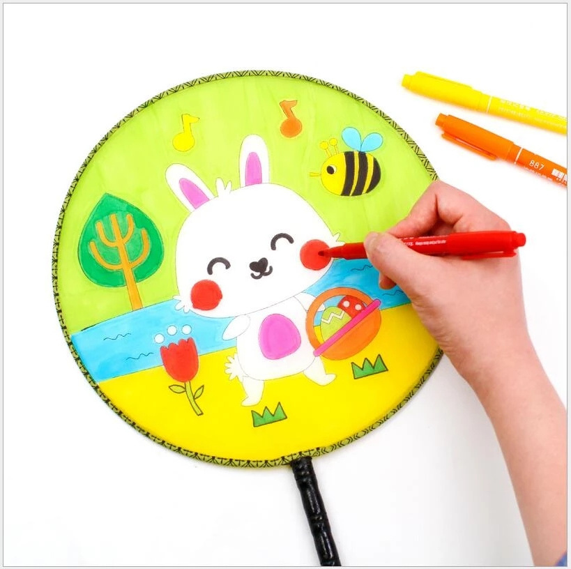 Custom Summer Round Hand Fan Blank DIY Writing White Silk Painting Fans