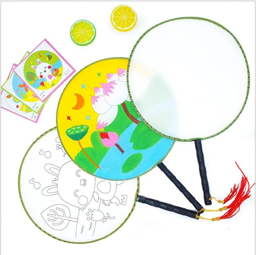 Custom Summer Round Hand Fan Blank DIY Writing White Silk Painting Fans