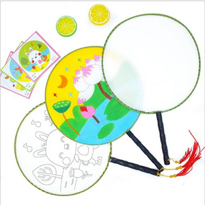 Custom Summer Round Hand Fan Blank DIY Writing White Silk Painting Fans