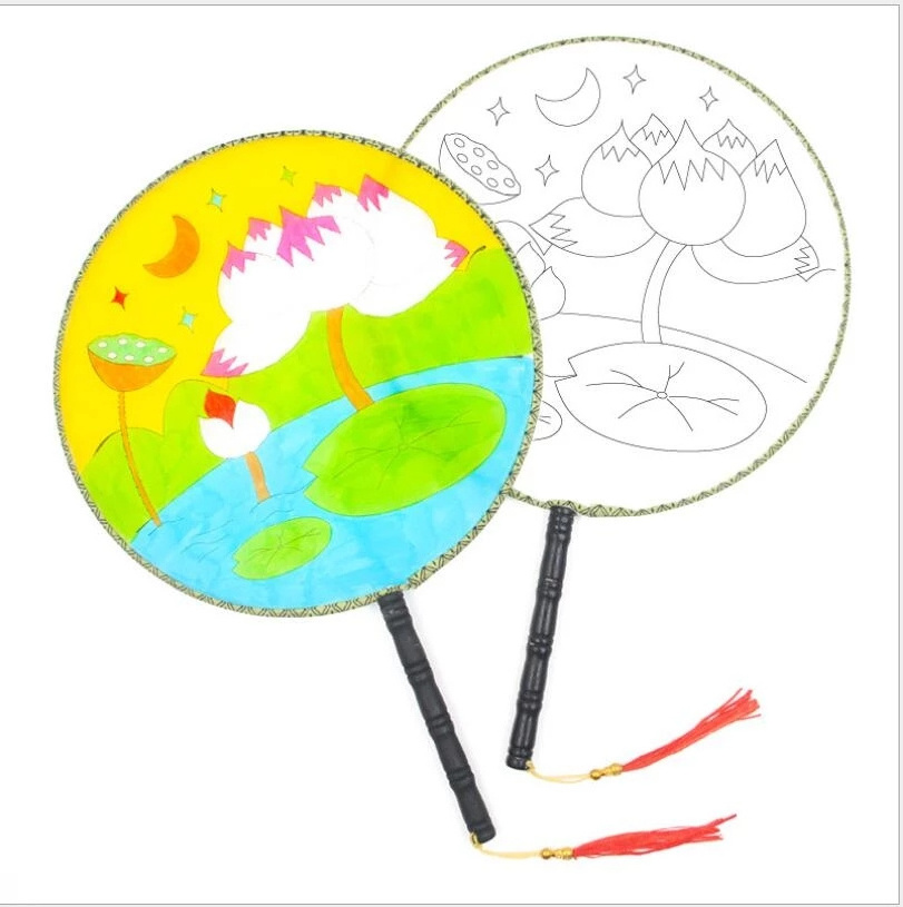 Custom Summer Round Hand Fan Blank DIY Writing White Silk Painting Fans