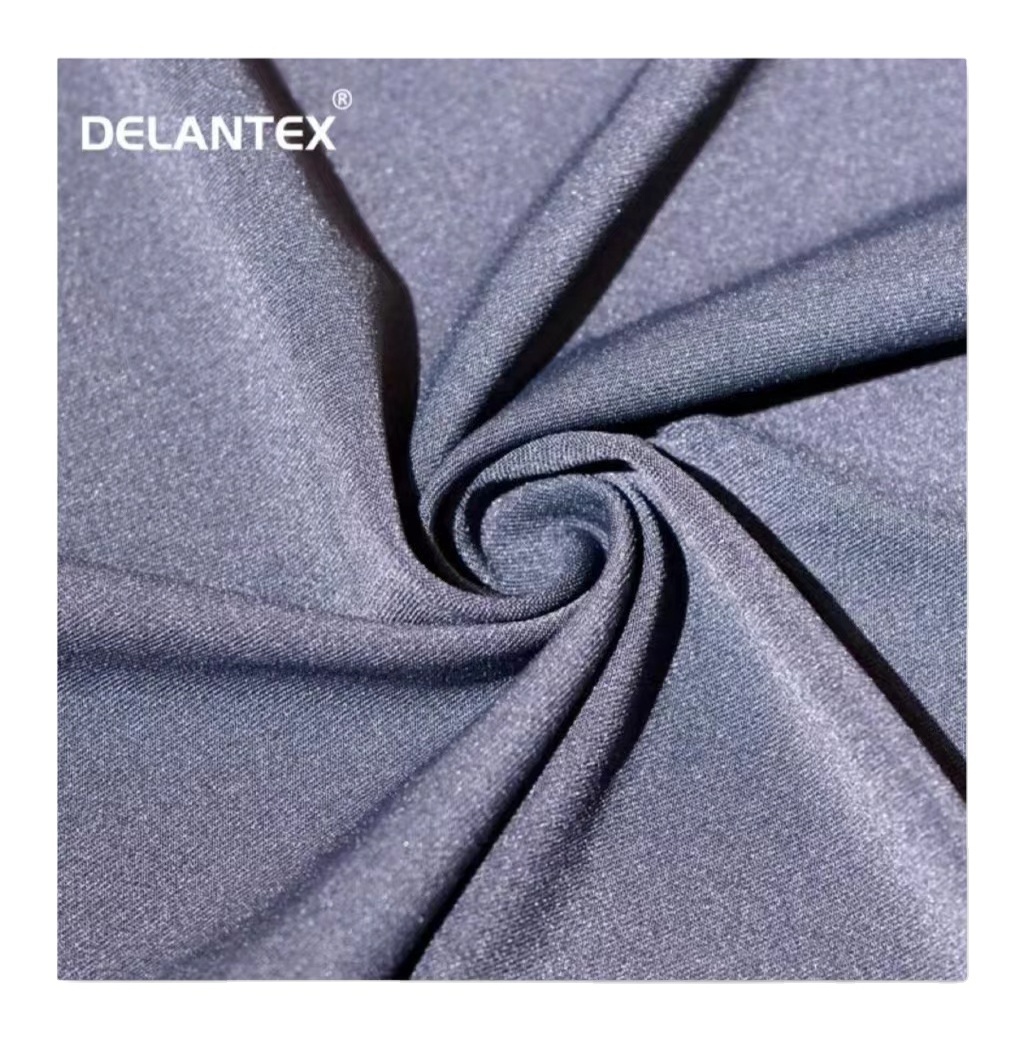 Delantex shiny nylon 90 polyester poly 10 spandex vinyl elastane 4 way stretch stretchy fabric material by the yard