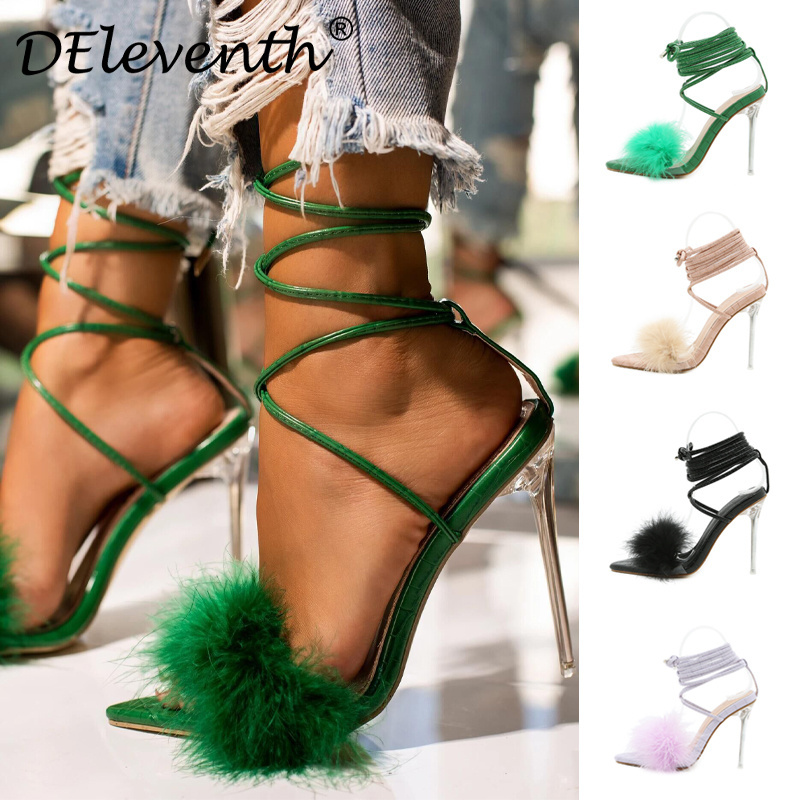 112526 Faux fur decor summer fashion crystal stiletto heel women sandals cross strap lace up pointy peep toe female fluffy shoes