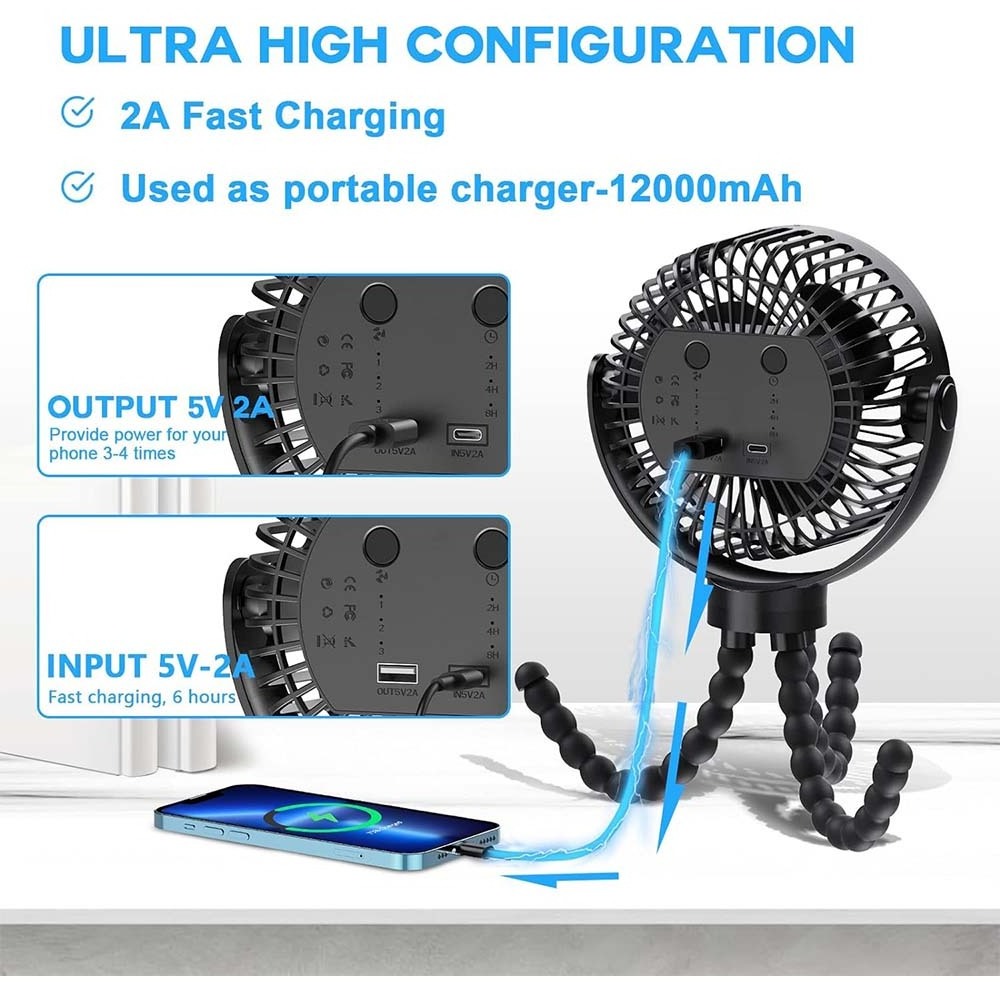 2023 New Wholesale Tripod Octopus Fan 12000mAh Portable Operated Rechargeable Electric USB Baby Stroller Fan