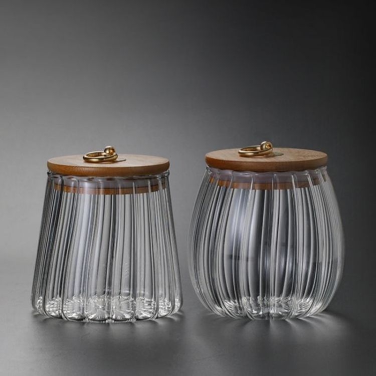 wholesale Striped Pumpkin Shaped Glass Storage Jar With Bamboo Lid For Tea Storage Jar