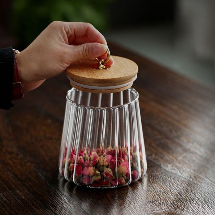 wholesale Striped Pumpkin Shaped Glass Storage Jar With Bamboo Lid For Tea Storage Jar