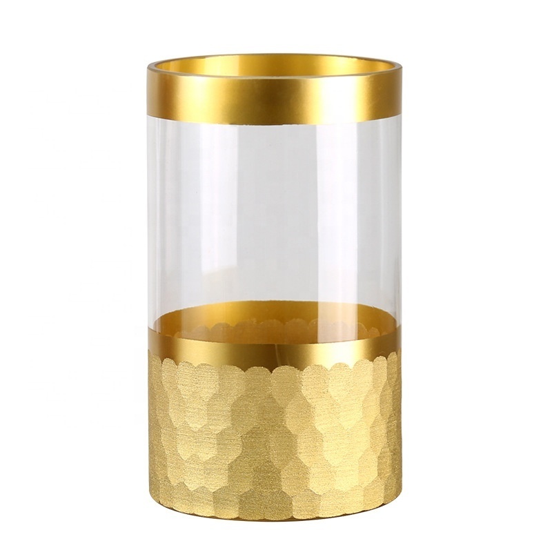 Handmade crystal gold foil honey comb cylindrical glass vase with gold rim