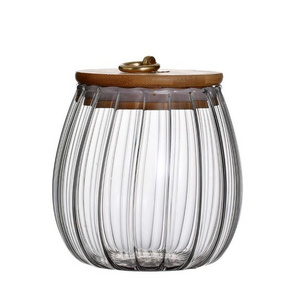 wholesale Striped Pumpkin Shaped Glass Storage Jar With Bamboo Lid For Tea Storage Jar