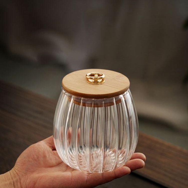 wholesale Striped Pumpkin Shaped Glass Storage Jar With Bamboo Lid For Tea Storage Jar