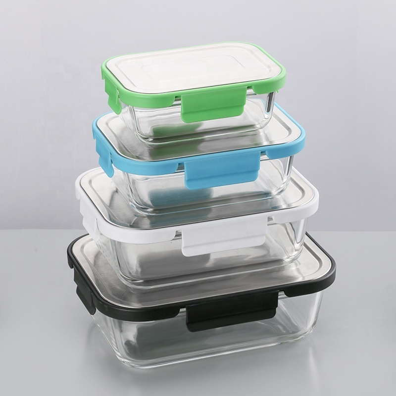 SSlid Glass food container with stainless steel lid borosilicate glass lunch box with lid oven safe glass air tight food storage