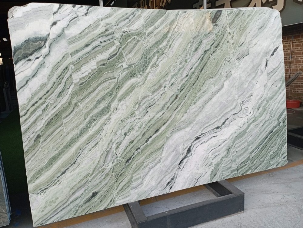 Beautiful Bookmatch Open Book Light Color Shangri-La Emerald Green Marble Stone Slabs And Tiles Factory Price