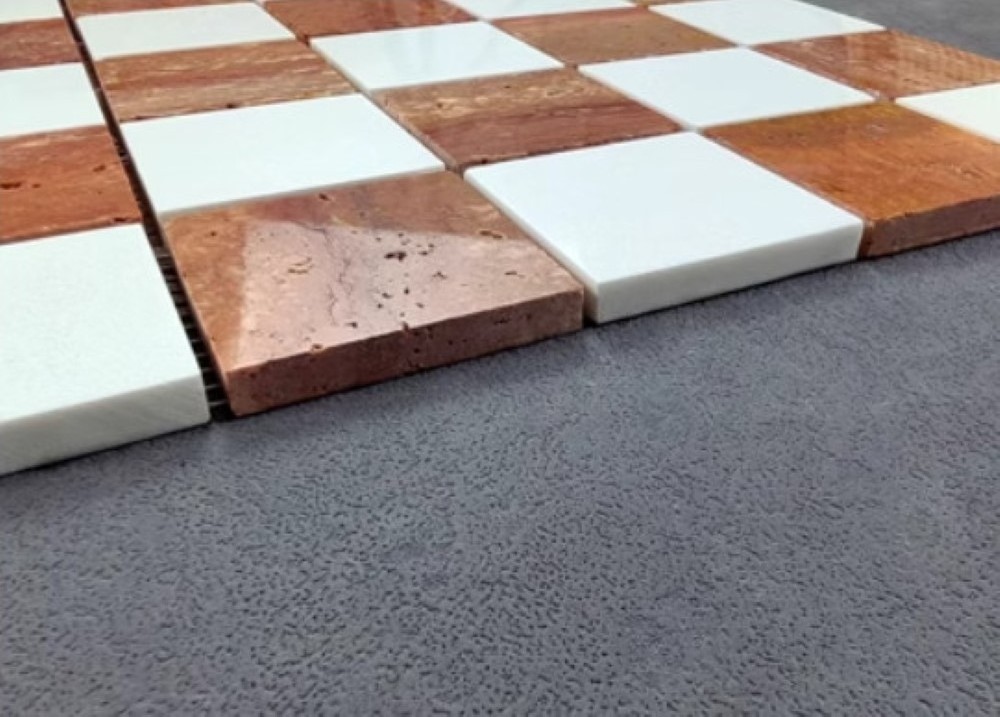 Natural Square Red Travertine And White Marble Chess Board Pattern Stone Mosaic Bathroom Tiles