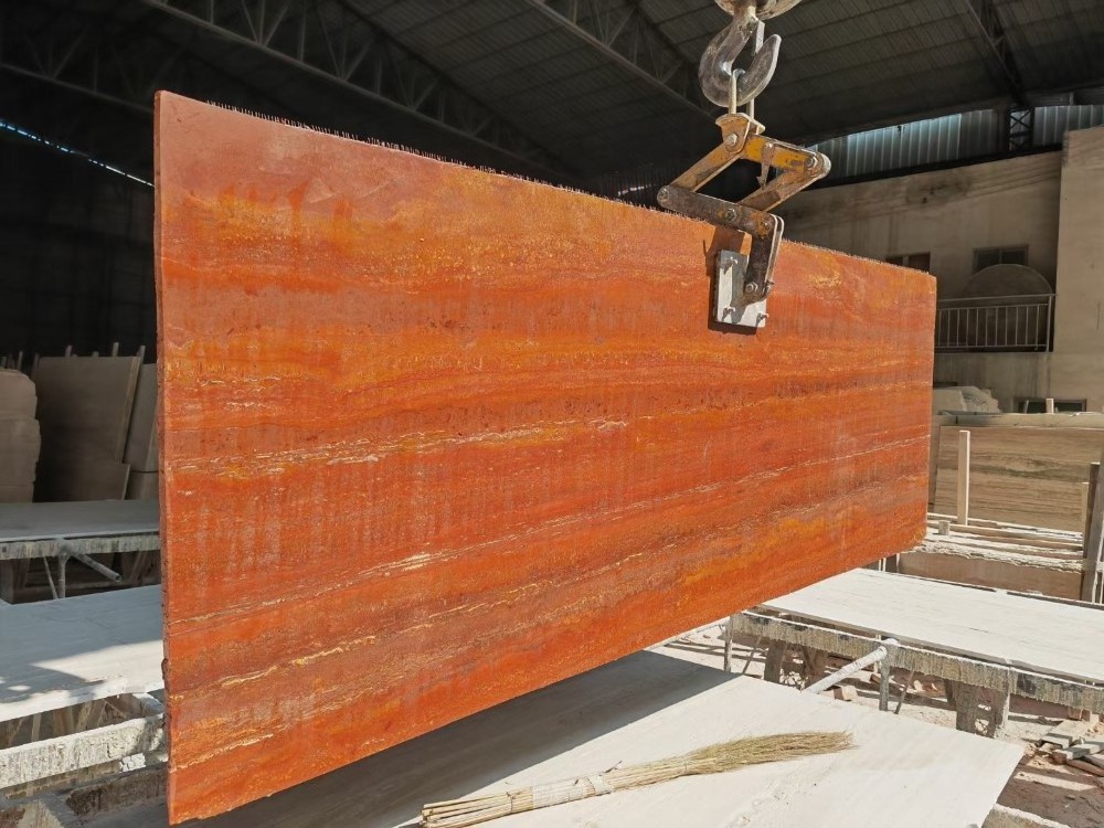 Natural Polished Honed Red Travertine Marble Stone Slabs And Tiles For Floor Cladding And Furniture Tables