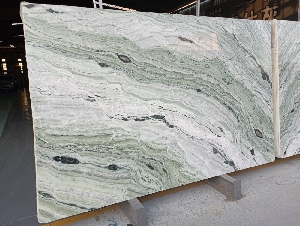 Beautiful Bookmatch Open Book Light Color Shangri-La Emerald Green Marble Stone Slabs And Tiles Factory Price