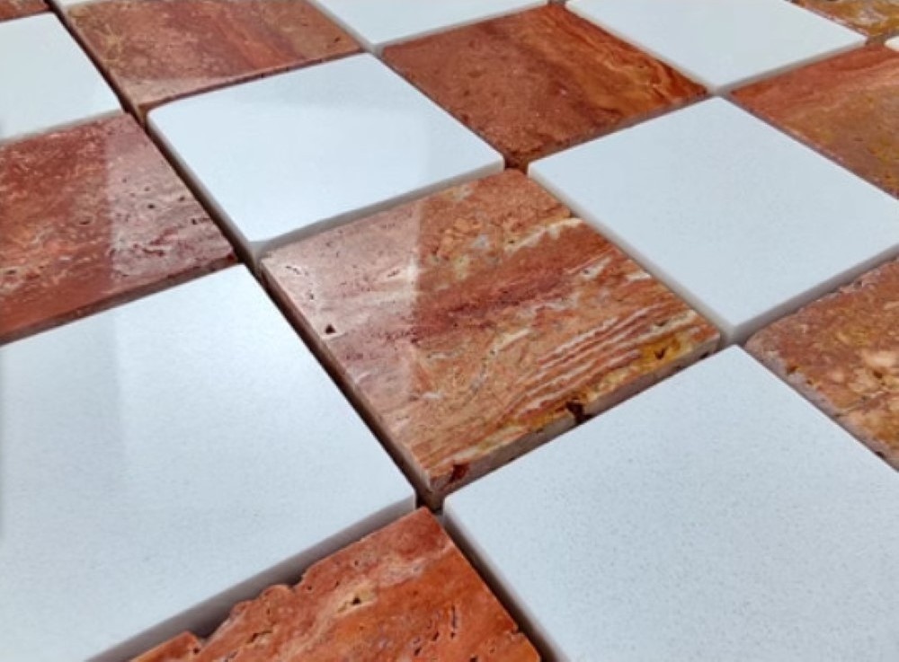 Natural Square Red Travertine And White Marble Chess Board Pattern Stone Mosaic Bathroom Tiles