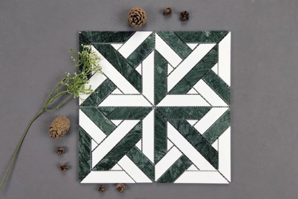 China Square Waterjet Green White Flag Pattern Marble Stone Mosaic Bathroom Floor And Wall Tiles