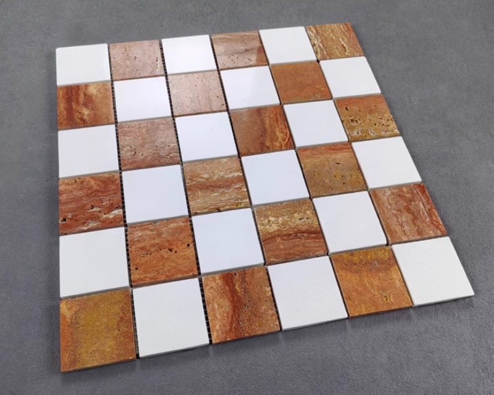 Natural Square Red Travertine And White Marble Chess Board Pattern Stone Mosaic Bathroom Tiles