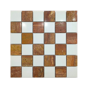 Natural Square Red Travertine And White Marble Chess Board Pattern Stone Mosaic Bathroom Tiles