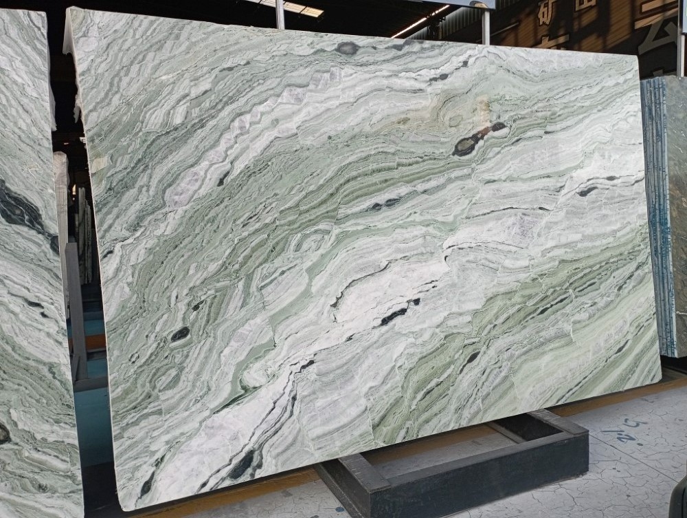 Beautiful Bookmatch Open Book Light Color Shangri-La Emerald Green Marble Stone Slabs And Tiles Factory Price