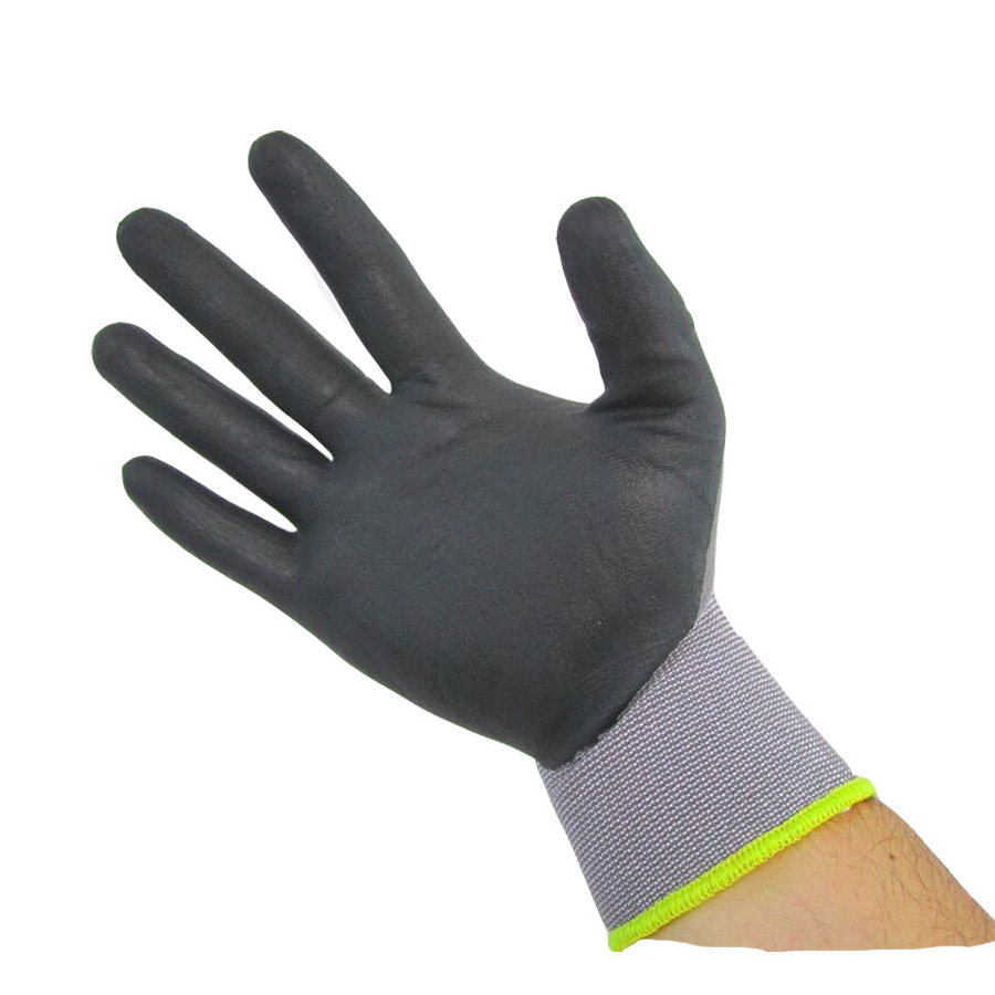 Custom logo Black Grip work gloves Micro foam Nitrile Palm Coated 15 Gauge Nylon Gray Safety gloves Mechanic Waterproof