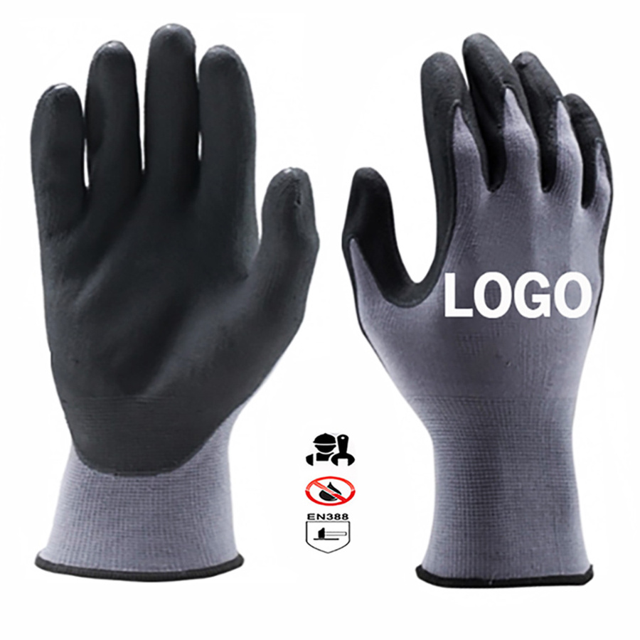 Custom logo Black Grip work gloves Micro foam Nitrile Palm Coated 15 Gauge Nylon Gray Safety gloves Mechanic Waterproof