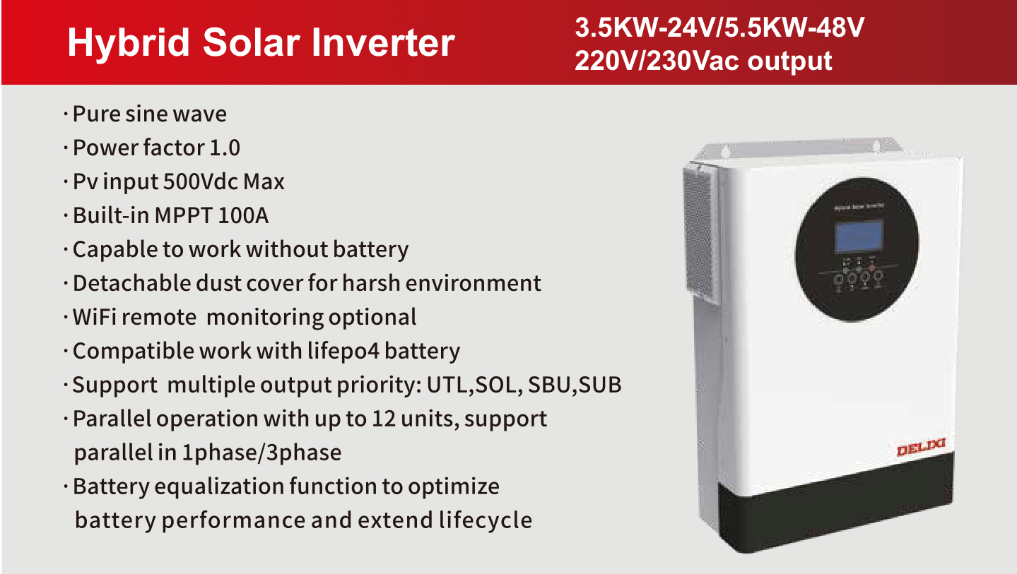 3.5Kw 5.5Kw 220Vac Off Grid Hybrid Solar Inverter 100A Mppt Solar Charge Controller Can Work Without Battery Wifi Monitor