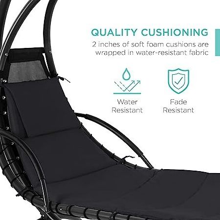 Outdoor Hanging Chair Curved Steel Chaise Lounge Chair Swing w/Built-in Pillow and Removable Canopy