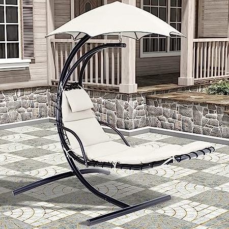 Outdoor Hanging Chair Curved Steel Chaise Lounge Chair Swing w/Built-in Pillow and Removable Canopy