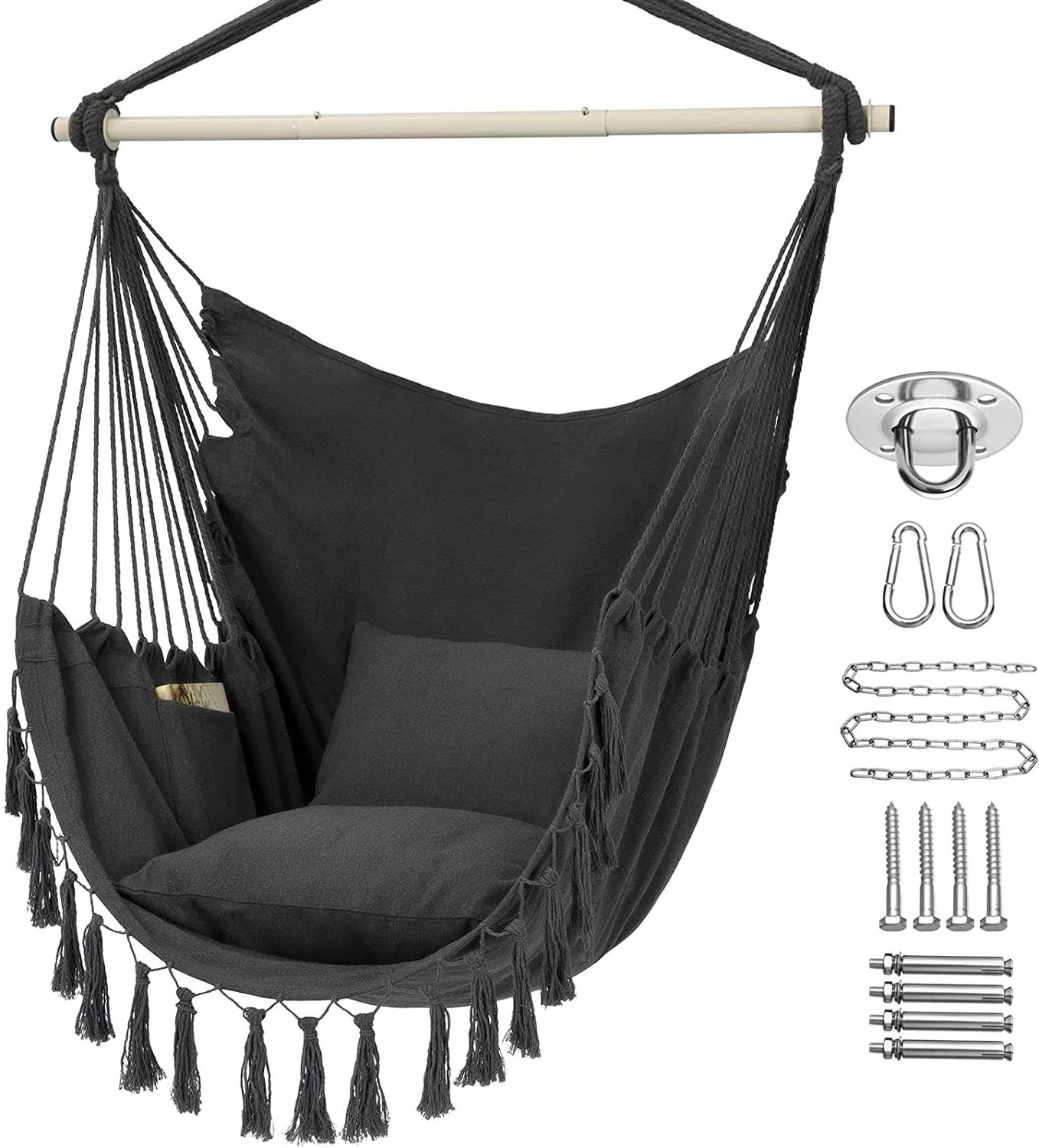 Hammock Chair Macrame Swing Chairs Hanging Bed with Cushion and Durable Hanging Hardware Kits For Outdoors and Garden