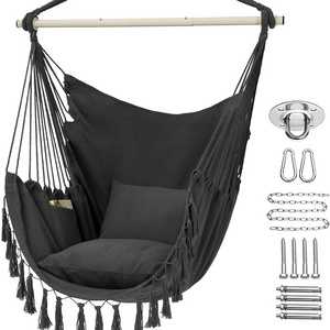 Hammock Chair Macrame Swing Chairs Hanging Bed with Cushion and Durable Hanging Hardware Kits For Outdoors and Garden