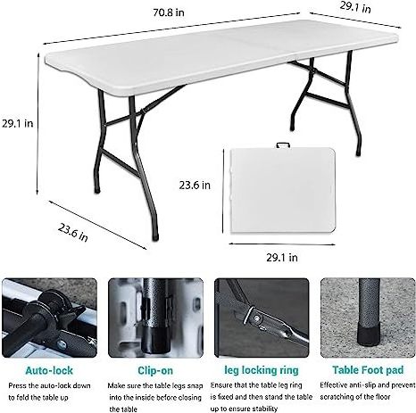 6 Foot Plastic Folding Table Dining Chairs Set Foldable Outdoor Camping Tables For Kitchen Restaurant and Picnic