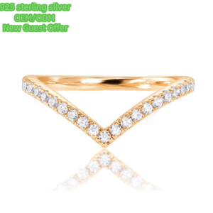 sterling silver 14K Gold Plated Sparkling Wishbone 'V' Ring for Women with Cubic Zirconia