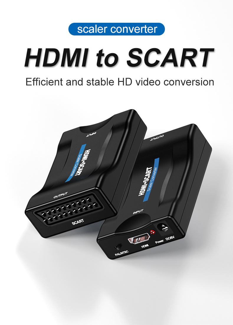 SCART to HD Converter Video Audio Upscale Adapter with SCART/HD Switch PAL/NTSC Video Scaler SCART to HD--MI Digital Converter