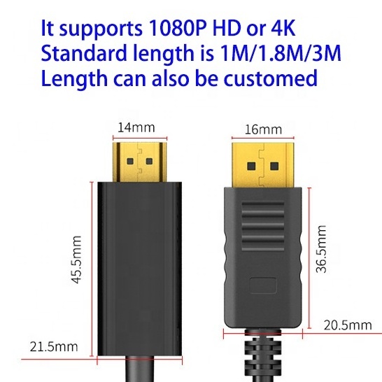 Factory customization dp to hd-mi cable 1m 1.8m 3m display port to hd-mi cable 4k/1080P Hd Hdtv for projectors