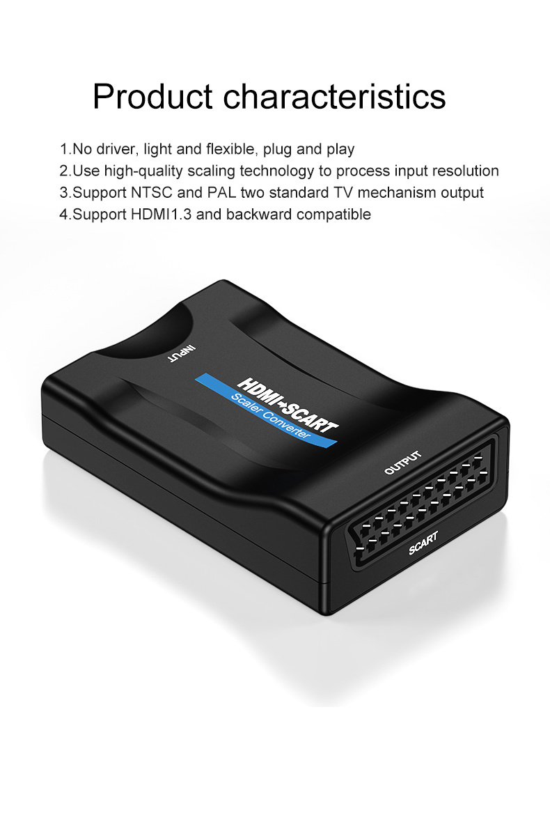 SCART to HD Converter Video Audio Upscale Adapter with SCART/HD Switch PAL/NTSC Video Scaler SCART to HD--MI Digital Converter