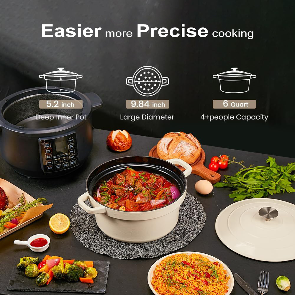 6L 1500W 10 in 1 Home Appliance Cookware Enameled Cast Iron Braise Slow Cook Sear Saute Food Warmer Cooking Electric Dutch Oven