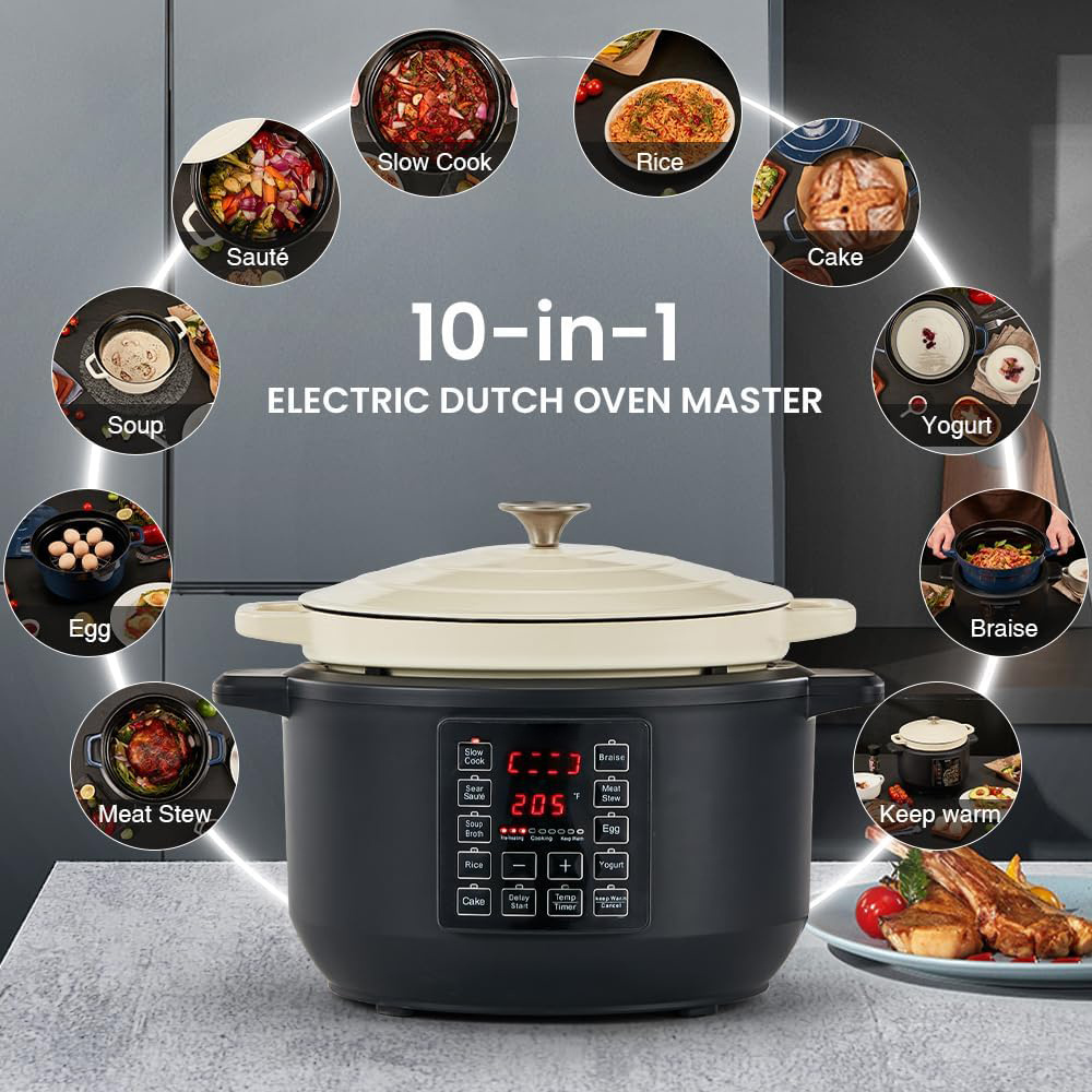 6L 1500W 10 in 1 Home Appliance Cookware Enameled Cast Iron Braise Slow Cook Sear Saute Food Warmer Cooking Electric Dutch Oven