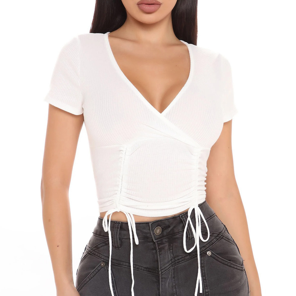 Summer Casual Solid Color Short Sleeve Deep V Neck Side Drawstring Ruched Blouses Female Womens Tee Shirt Tops