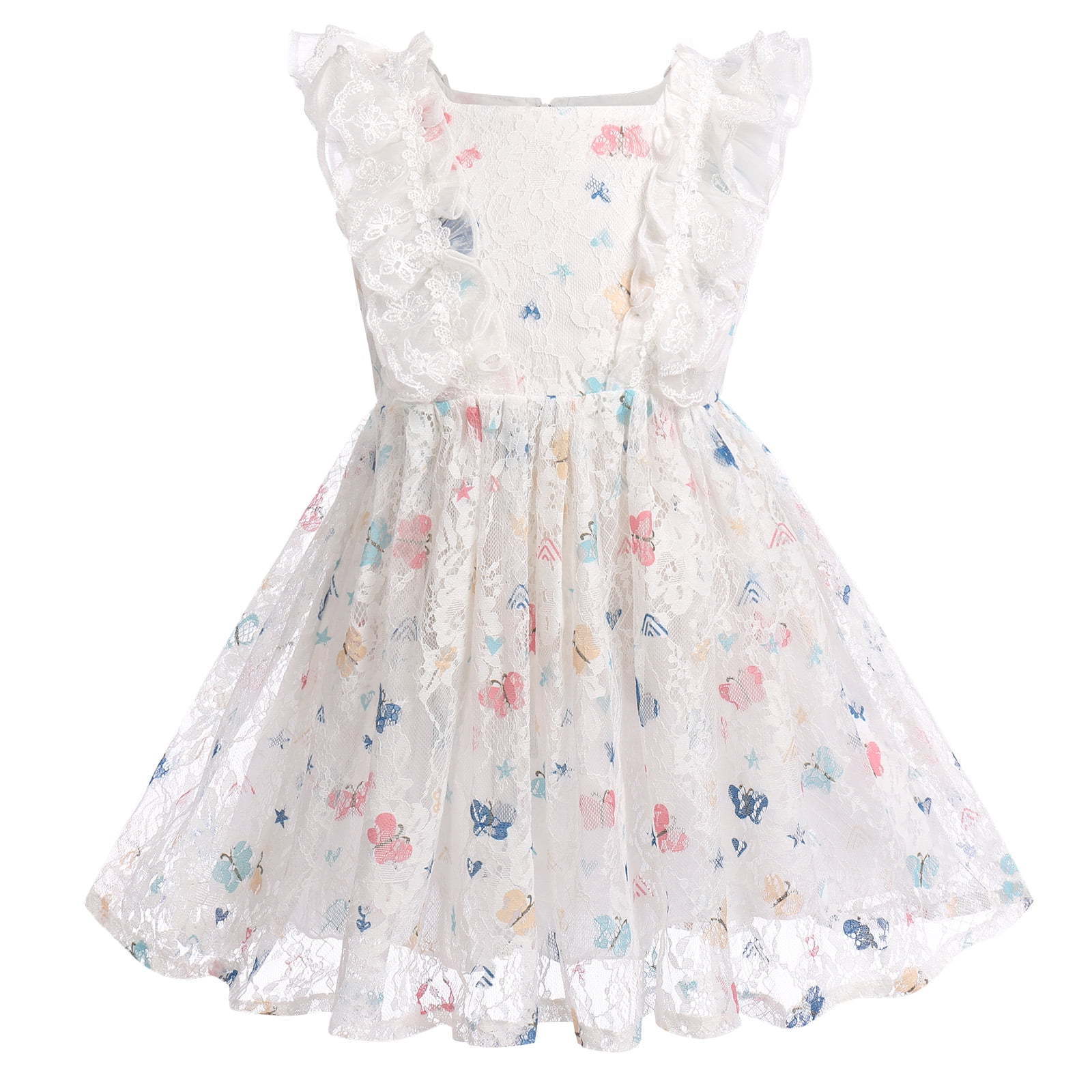 Butterfly Lace Tulle Midi Dresses Baby Girls Flutter Sleeve Square Neck 100% Cotton Casual Zipper Back Summer Dress